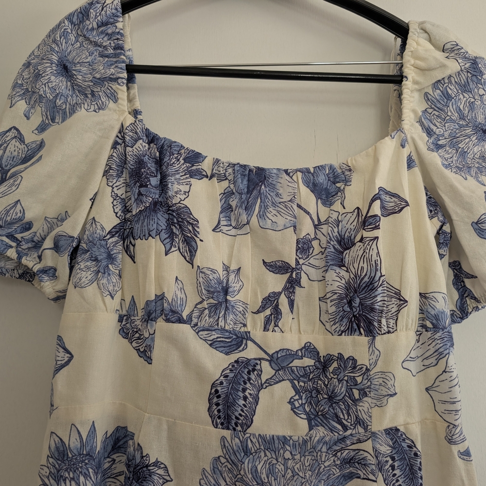 Floral Blue and White Women's Smocked Dress 14 - Picture 2 of 12